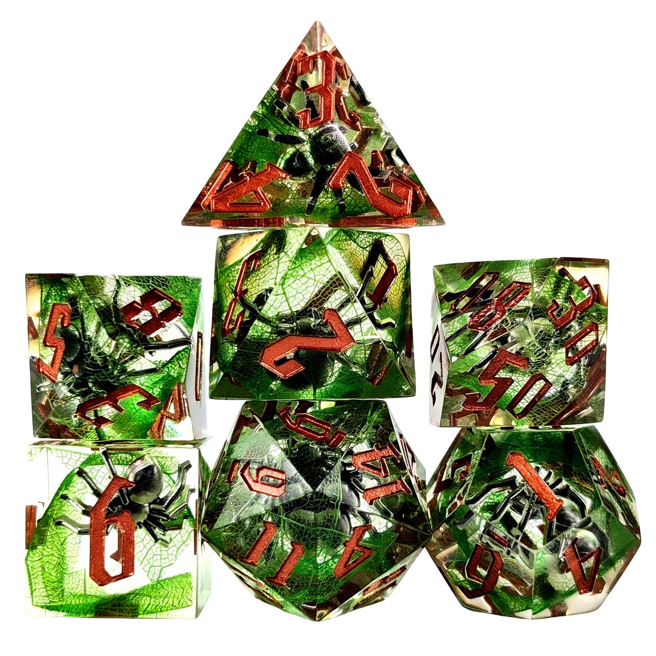 Spider in Clear & Green Filled Sharp Resin - 7pcs RPG Dice Set