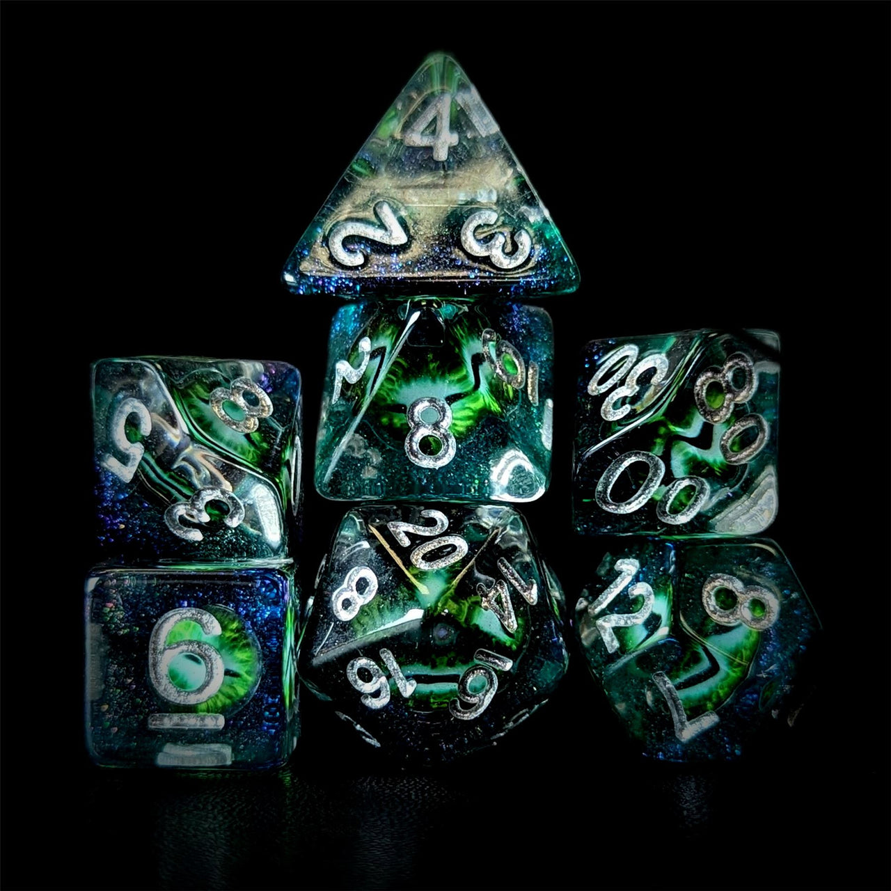 Demon Eye in Clear Green & Teal Resin - 7pcs RPG Full Dice Set