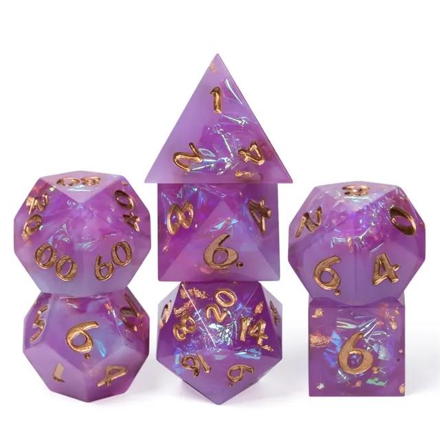 Candy in Purple & White with Copper Foil Sharp Resin - 7pcs RPG Dice Set