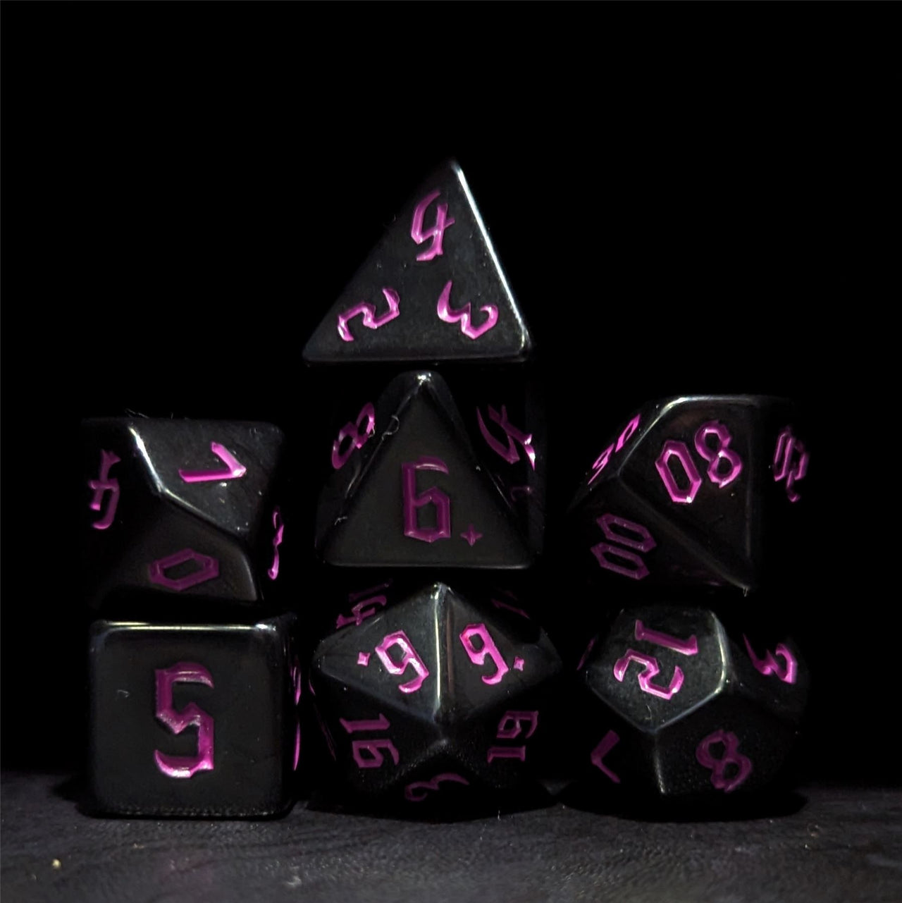 Magenta on Solid Black Acrylic - 7pcs RPG Full Dice Set Dark Stack