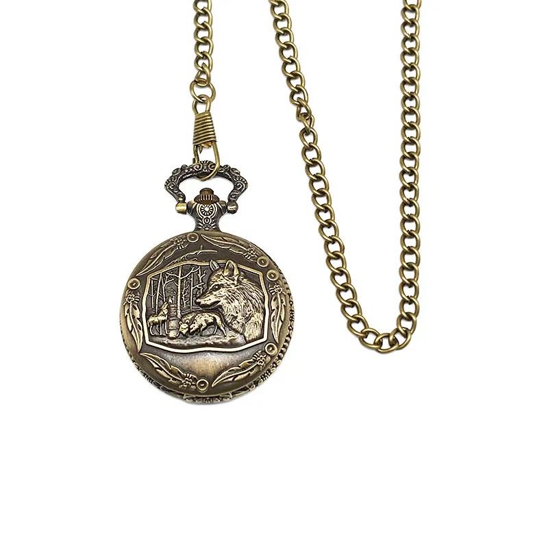 Wolf on Bronze Pocket Watch with Mini Dice - Pendant