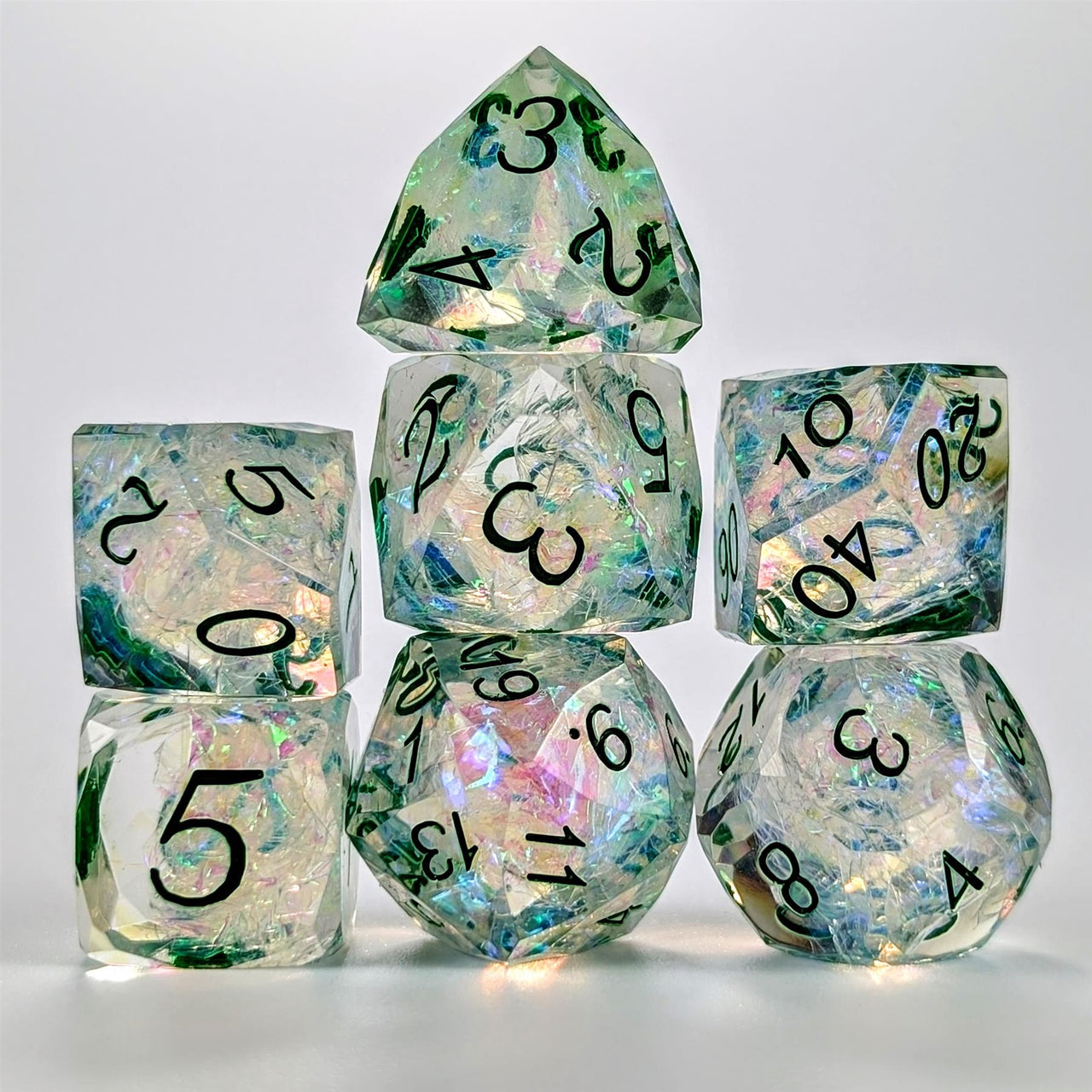7pcs Dice Sharp Candy Facet Green Font White