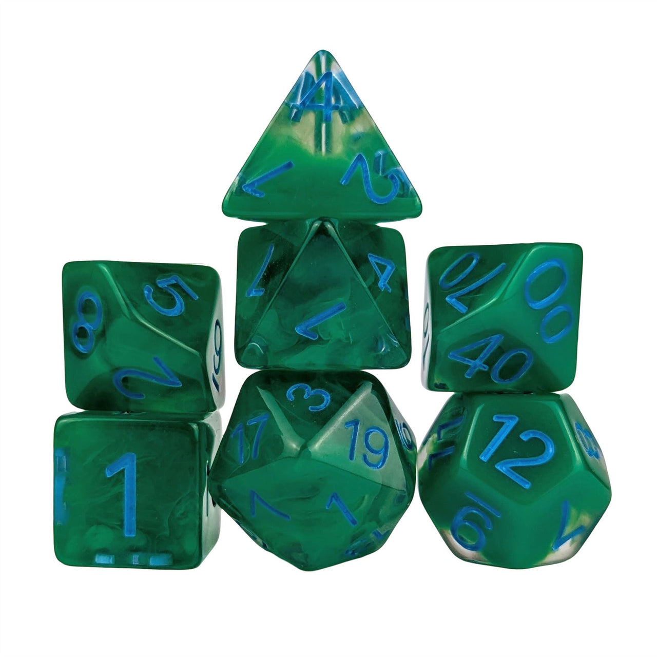 Green Swirl in Clear Resin - 7pcs RPG Full Dice Set