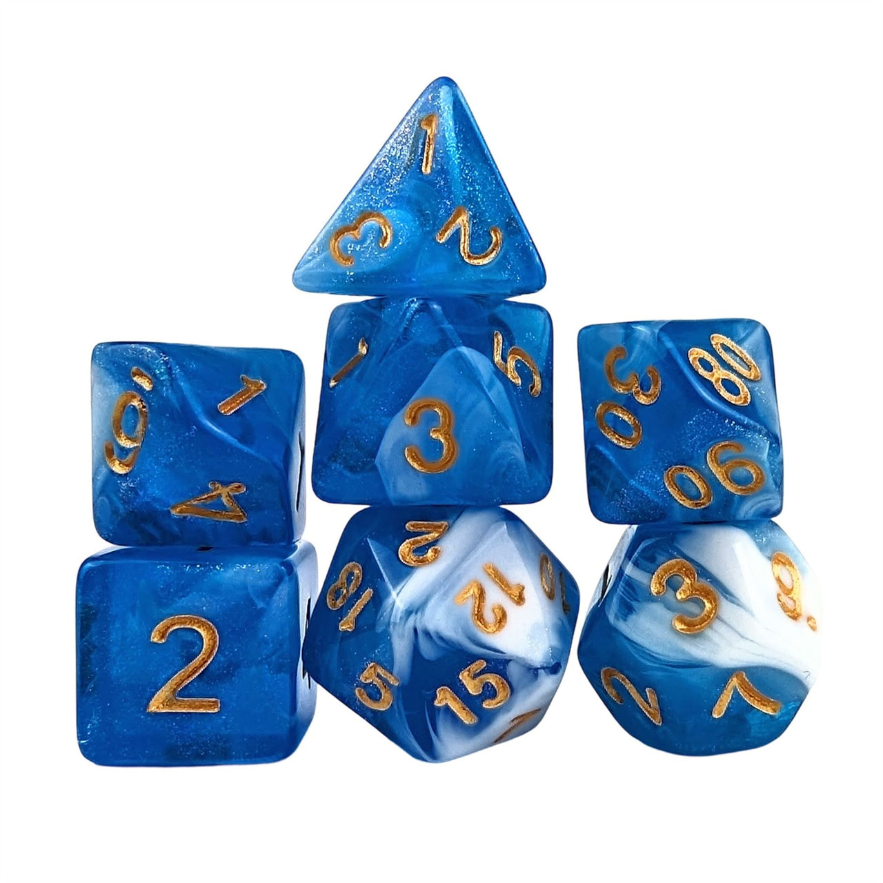 Glitter in Blue & White Acrylic - 7pcs RPG Full Dice Set White Stack