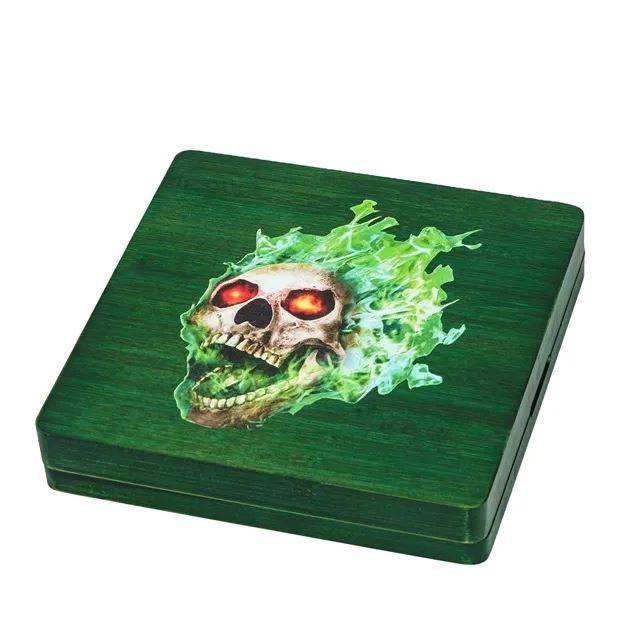 Green Skull on Bamboo Wood - Magnetic Dice Storage