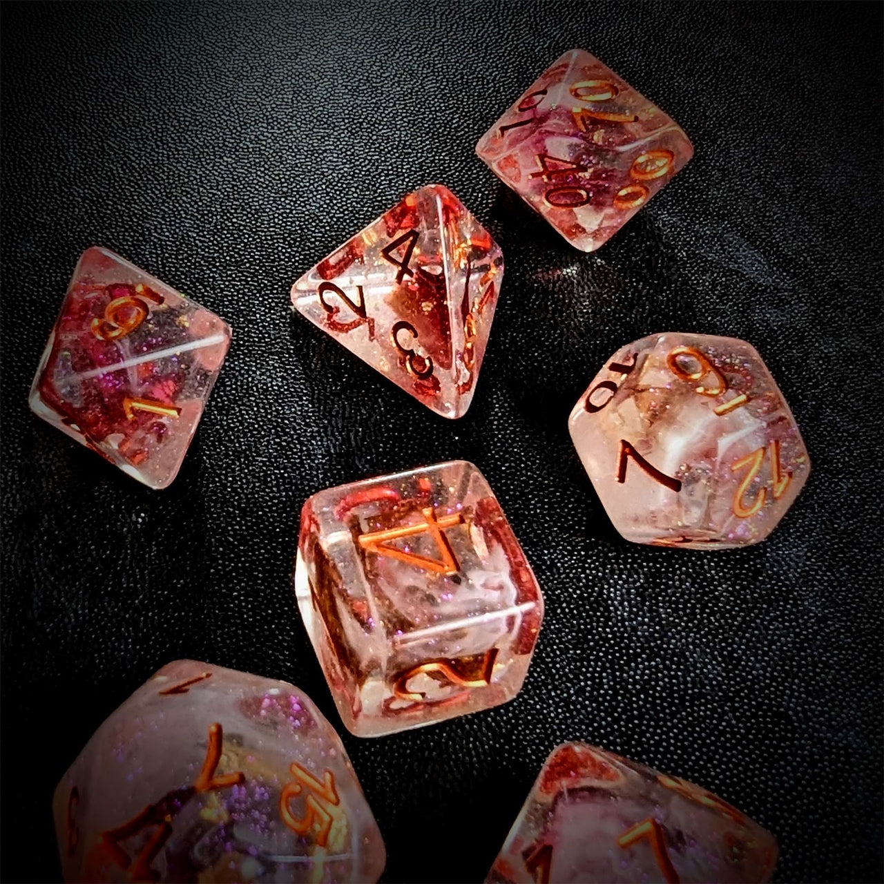 Pink Rose Petal in Clear Resin - 7pcs RPG Full Dice Set