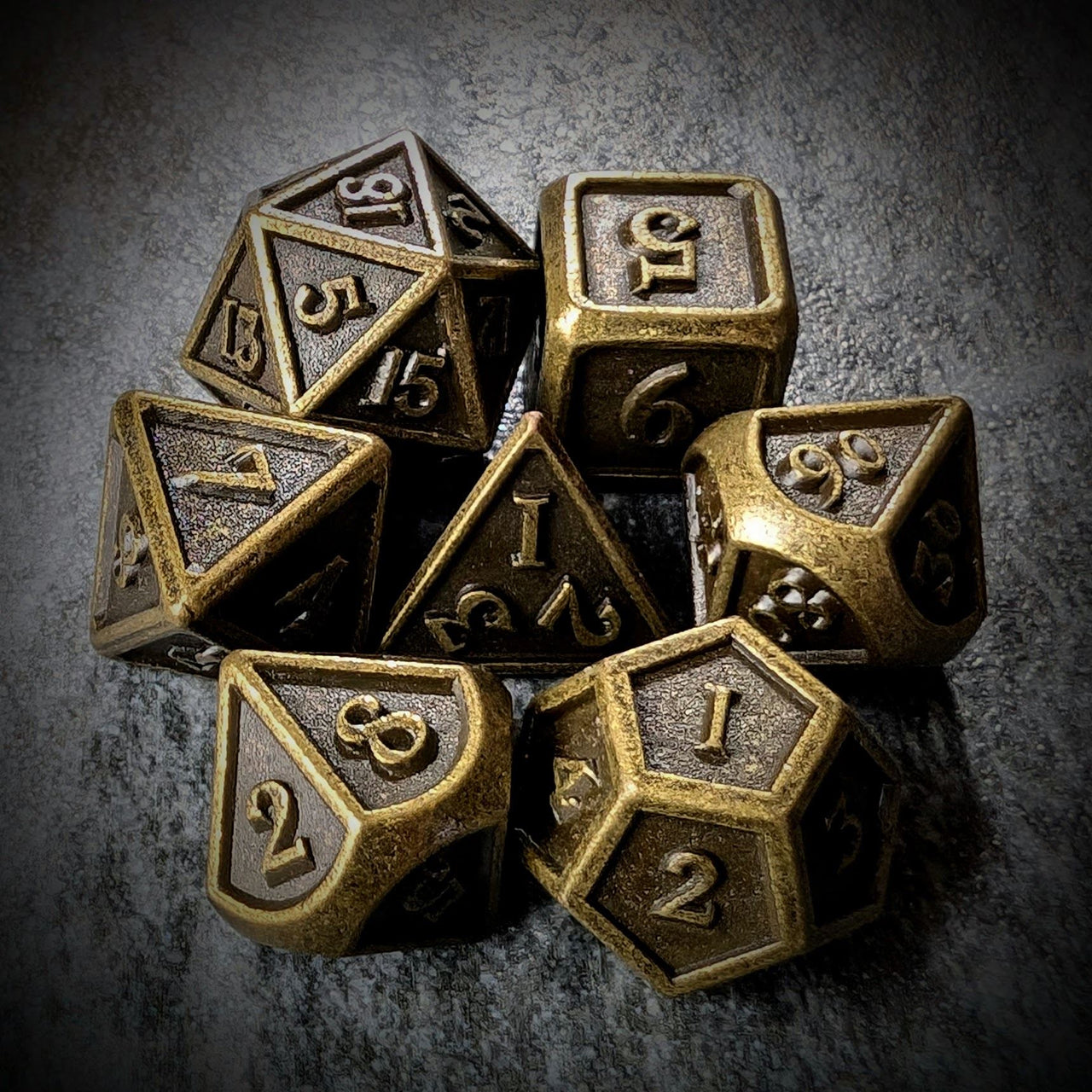 Brushed Worn Bronze Metal - 7pcs RPG Dice Set