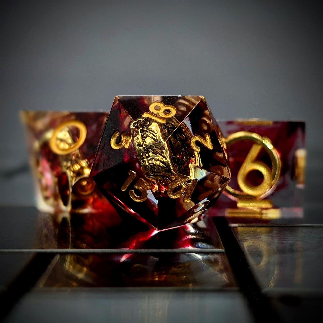 Gold Ring in Red & Clear Filled Sharp Resin - 7pcs RPG Dice Set