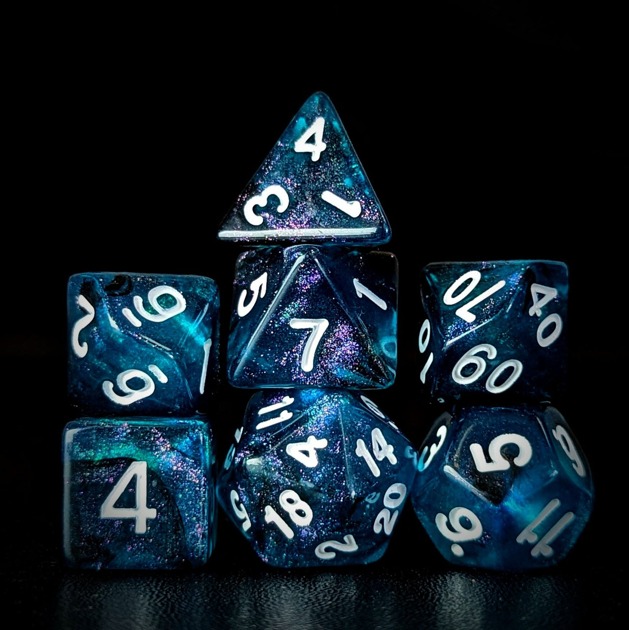Glitter in Blue & Black Acrylic - 7pcs RPG Full Dice Set