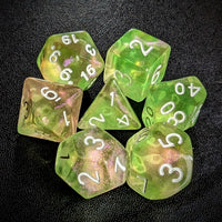 Thumbnail for Glitter in Green & Yellow in Clear Acrylic - 7pcs RPG Full Dice Set Top