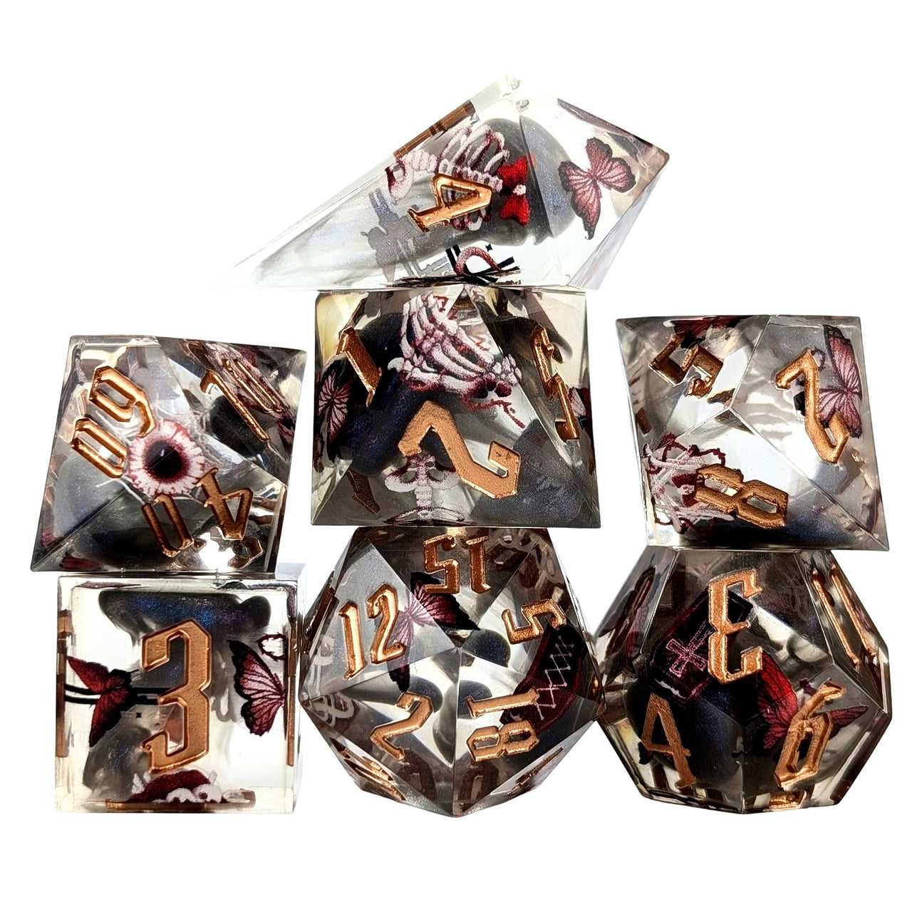 Halloween Butterfly in Clear Filled Sharp Resin - 7pcs RPG Dice Set