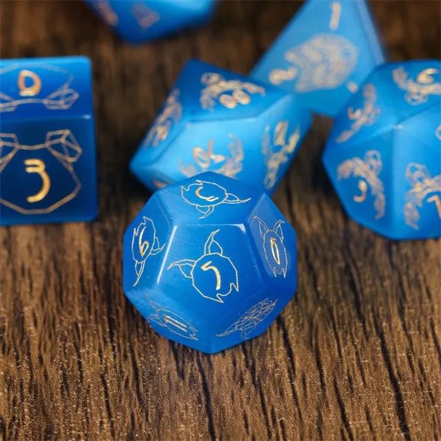 Beasts on Blue Cat Eye Gemstone - 7pcs RPG Dice Set