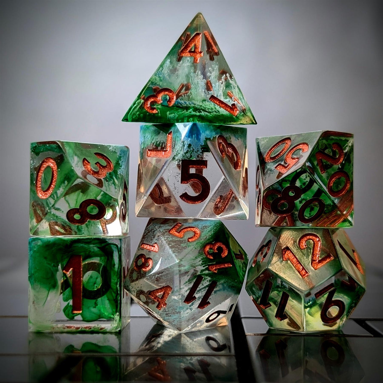 Moss in Layered Blue & Clear Sharp Resin - 7pcs RPG Dice Set