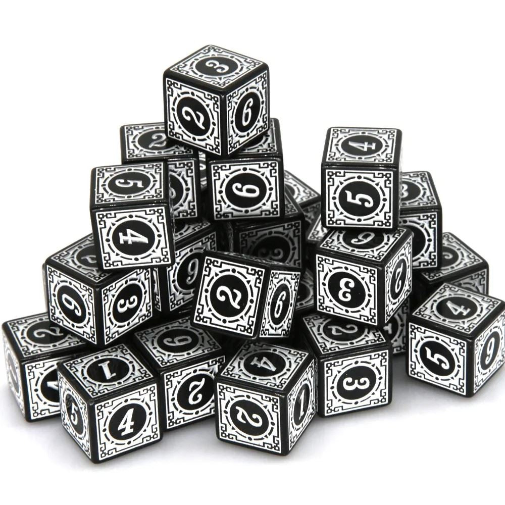 16mm Black & White Acrylic Lattice  - 6pcs D6 RPG Dice Set