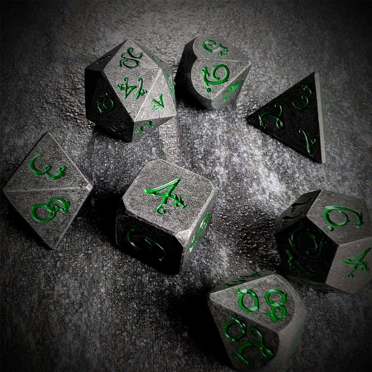 Silver Metal with Green Dragon Font - 7pcs RPG Dice Set