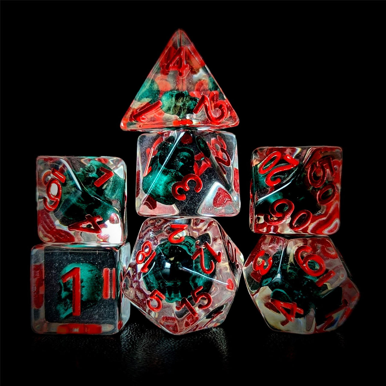 Green Skull in Clear Resin - 7pcs RPG Full Dice Set