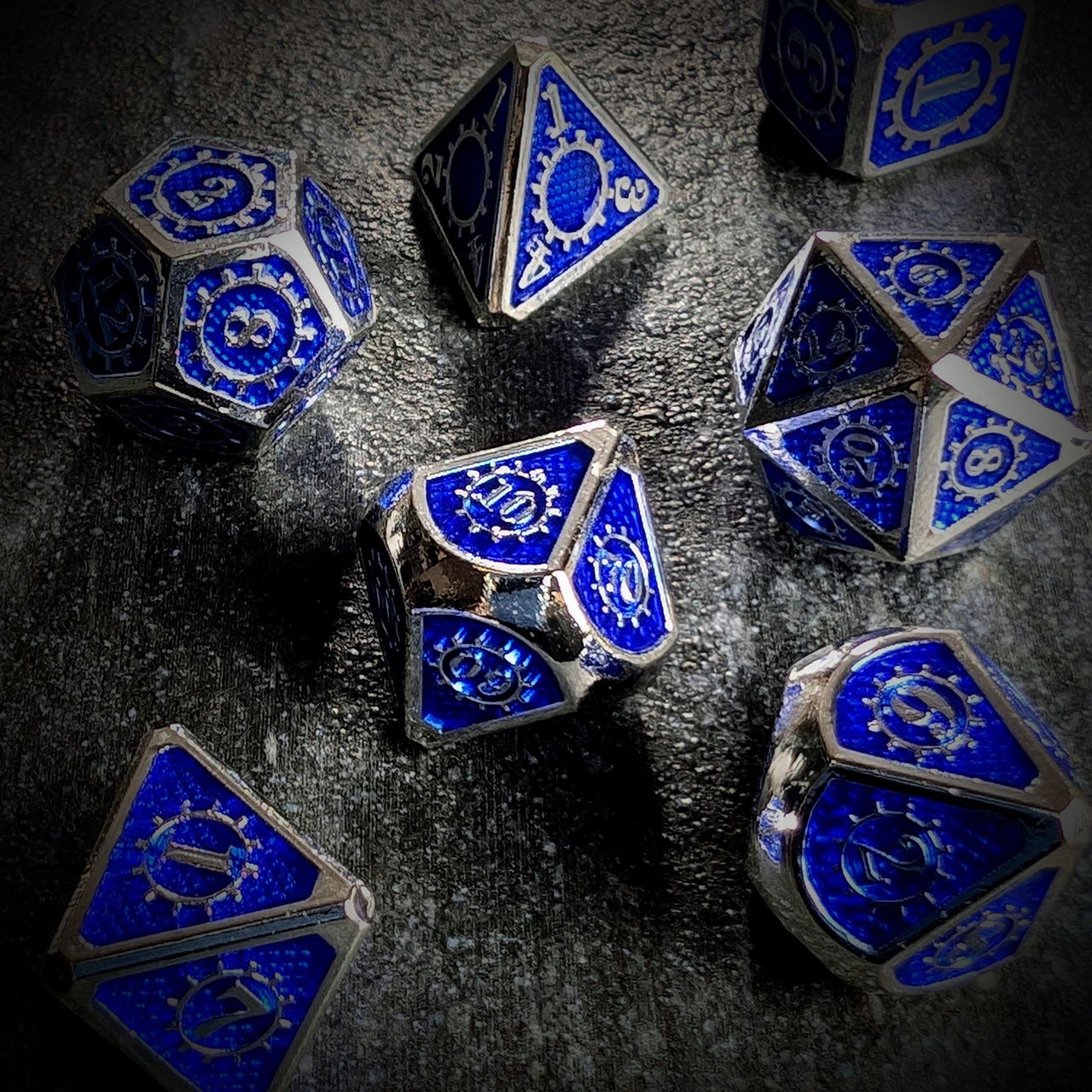 Gear in Blue Enamel Silver Metal - 7pcs RPG Dice Set