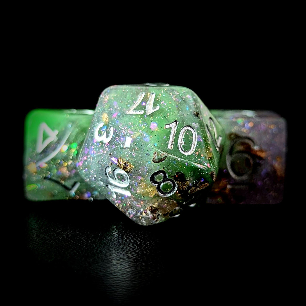 Glitter in Purple & Green Resin - 7pcs RPG Full Dice Set