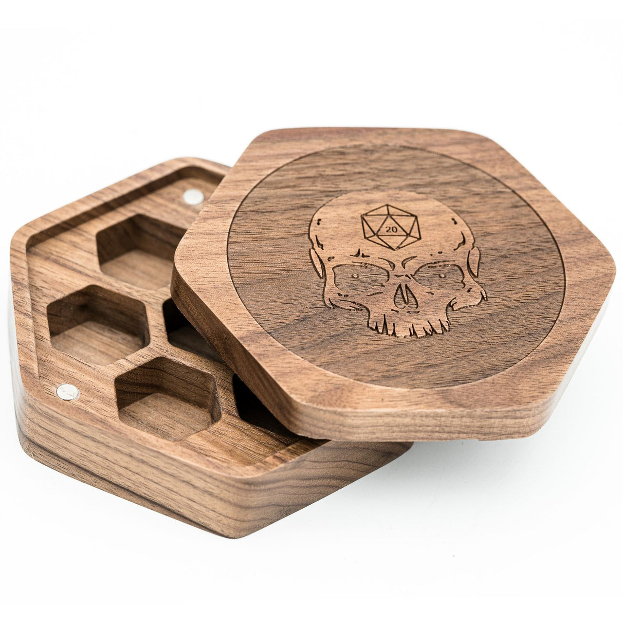 Skull on Walnut Wood with 7 Slots -  Magnetic Dice Storage