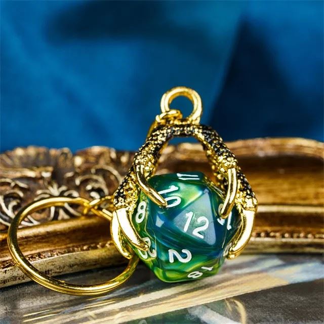 Green & Blue Acrylic in  Gold Metal Claw - D20 Keyring