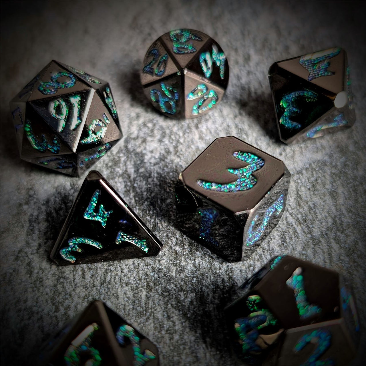 Black & Green Font in Black Metal - 7pcs RPG Dice Set