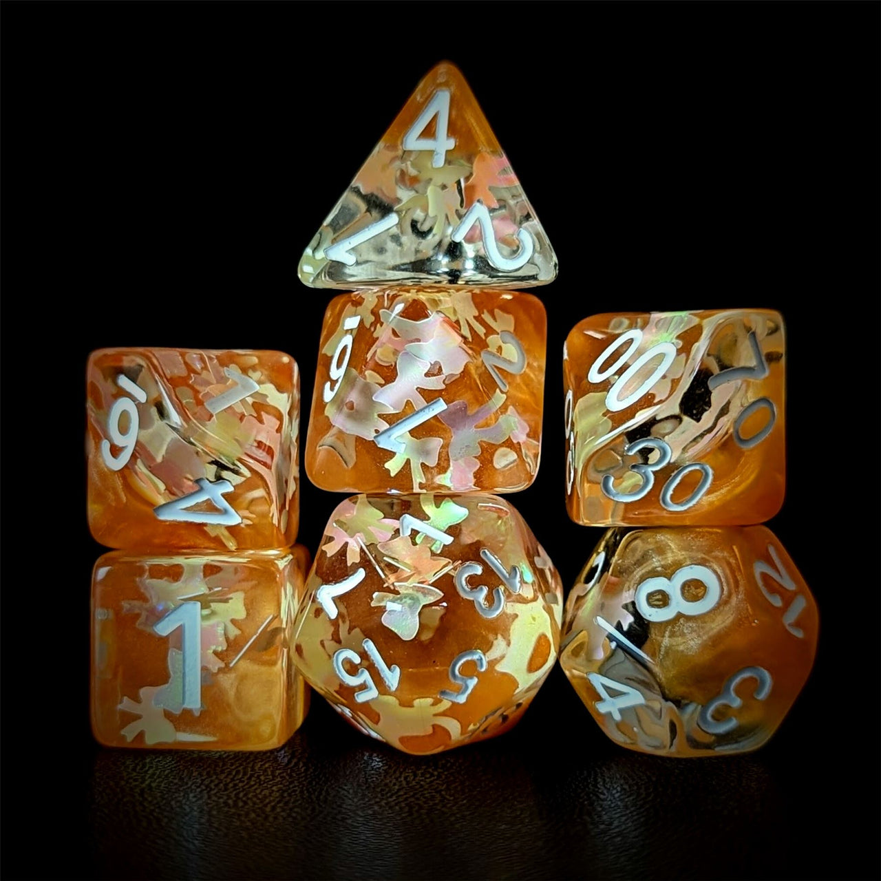 Bow in Clear & Orange Resin - 7pcs RPG Full Dice Set