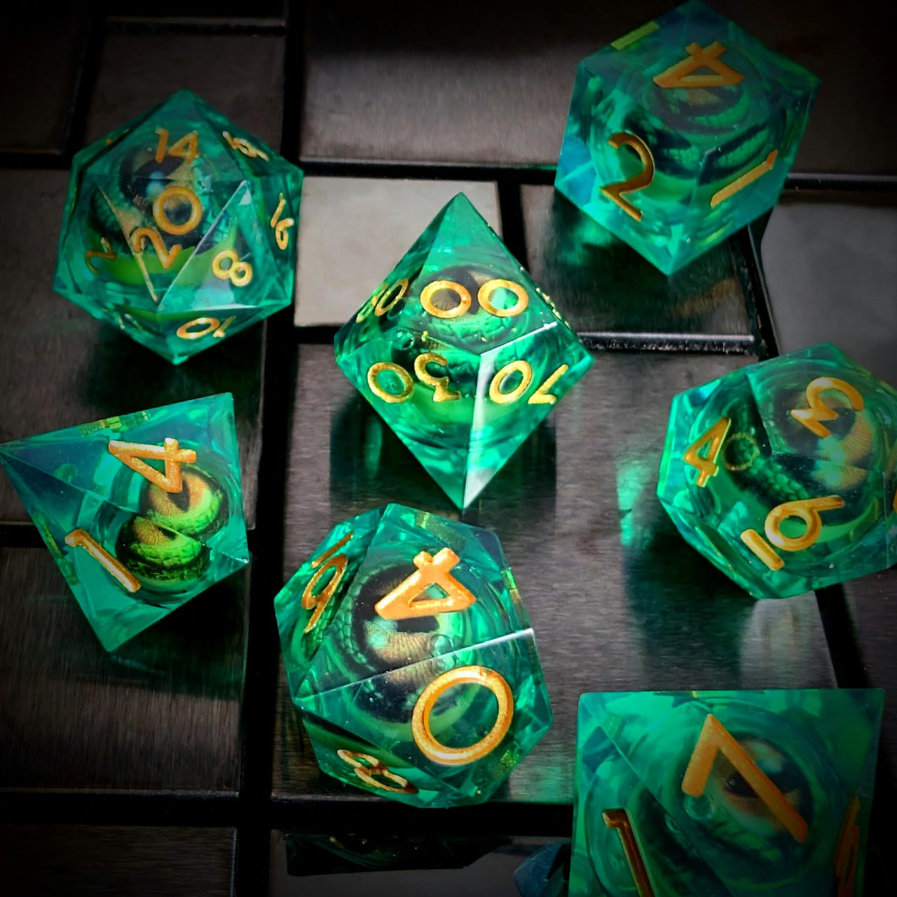 Green Dragon Eye Ball in Clear & Green Filled Sharp Resin - 7pcs RPG Dice Set