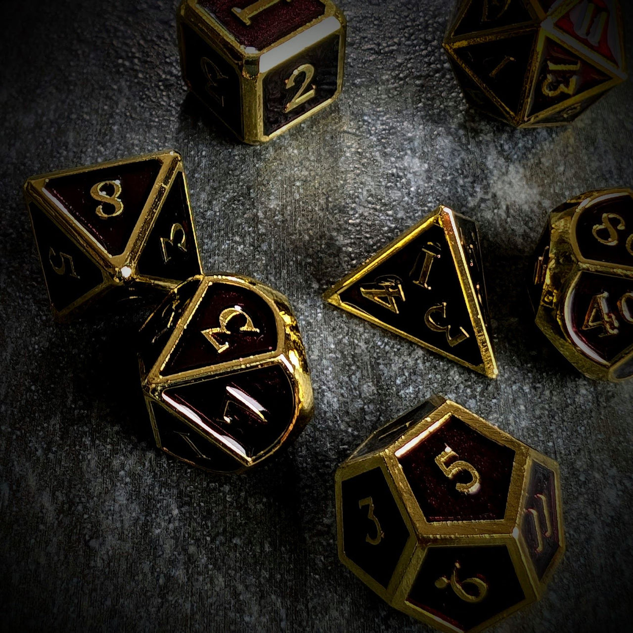 Purple Enamel in Gold Metal - 7pcs RPG Dice Set