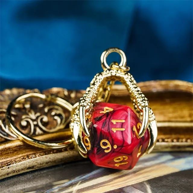 Red & Black Acrylic in  Gold Metal Claw - D20 Keyring