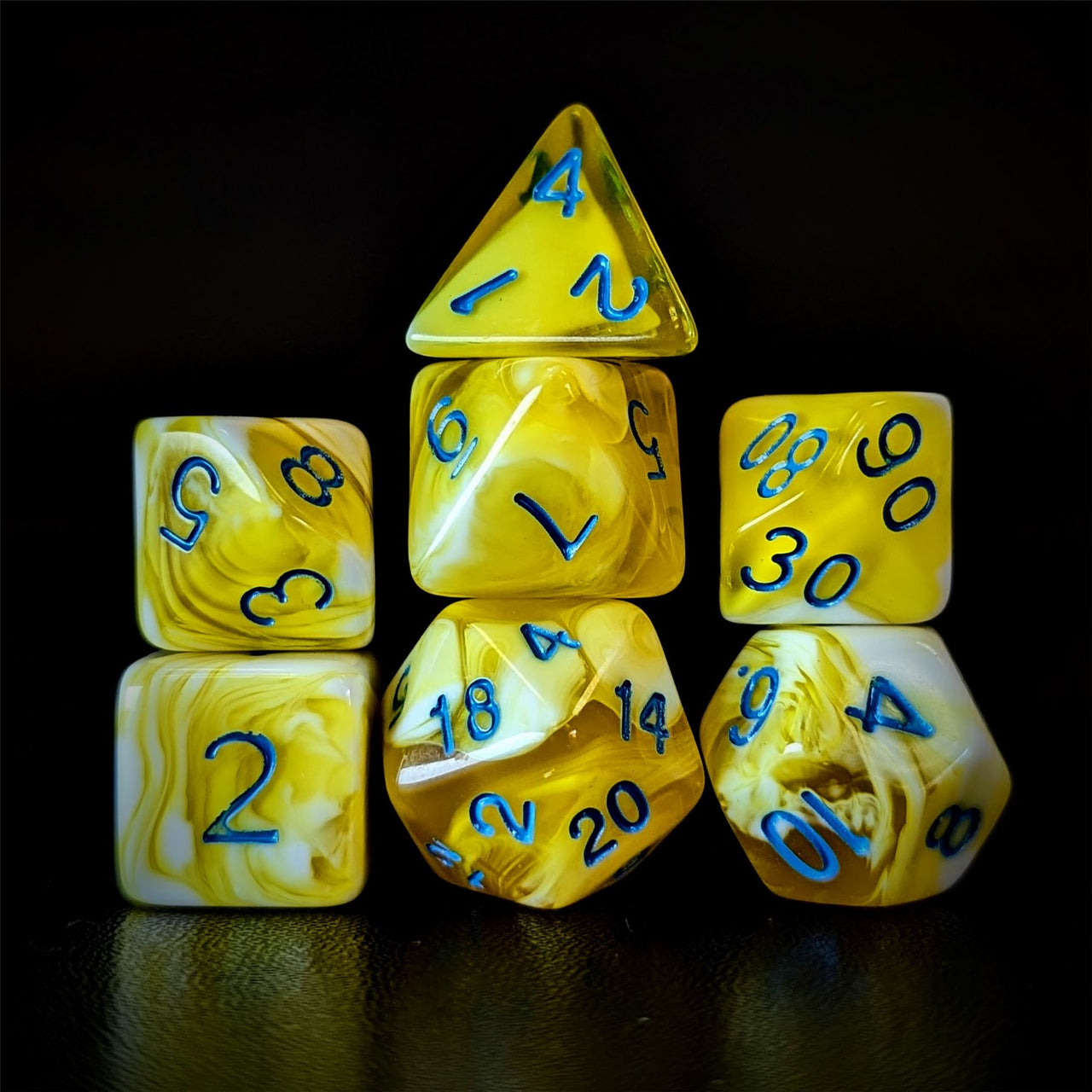 Blend of White & Yellow Acrylic - 7pcs RPG Full Dice Set Dark Stack