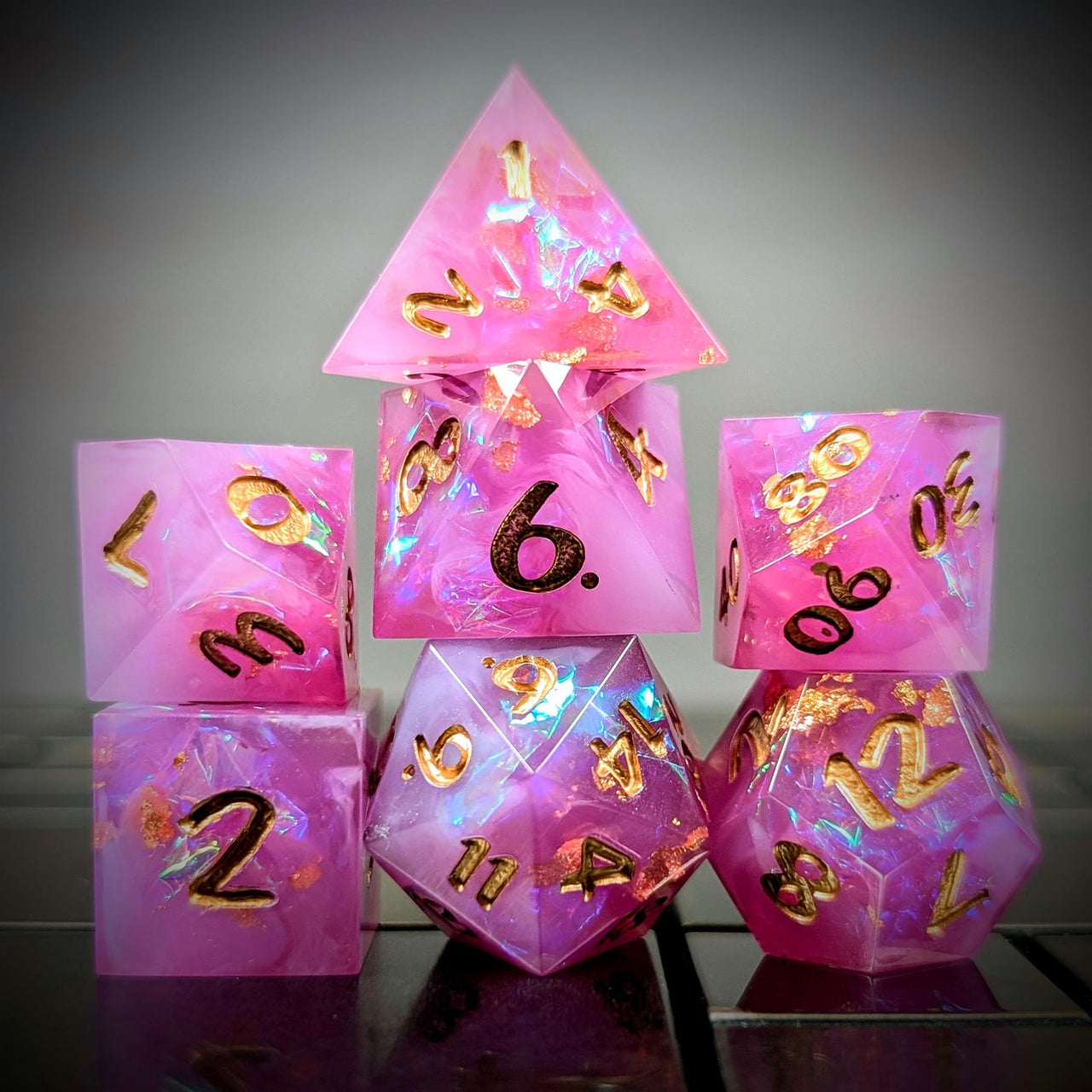 Candy in Purple & White with Copper Foil Sharp Resin - 7pcs RPG Dice Set