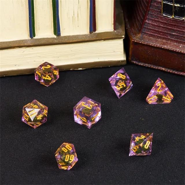 Green Glitter in Purple & Clear Liquid Filled Sharp Resin - 7pcs RPG Dice Set