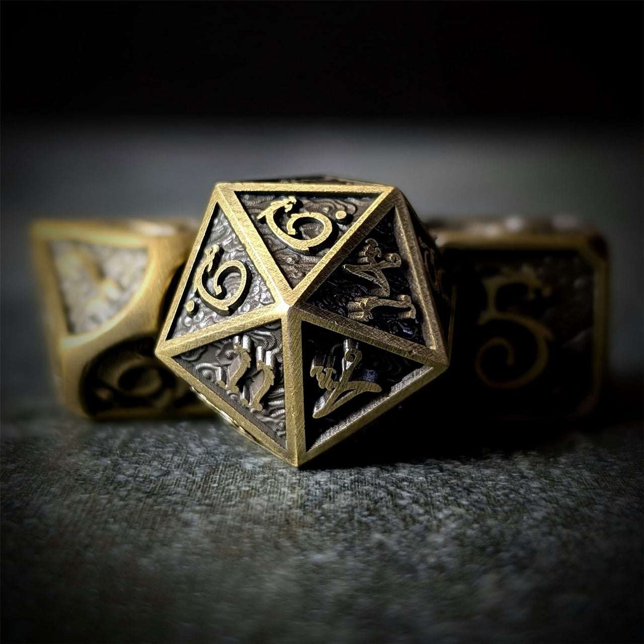 Bronze Metal with Dragon Font - 7pcs RPG Dice Set