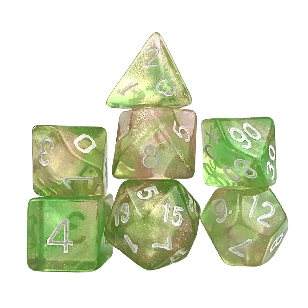 Glitter in Green & Yellow in Clear Acrylic - 7pcs RPG Full Dice Set White Stack