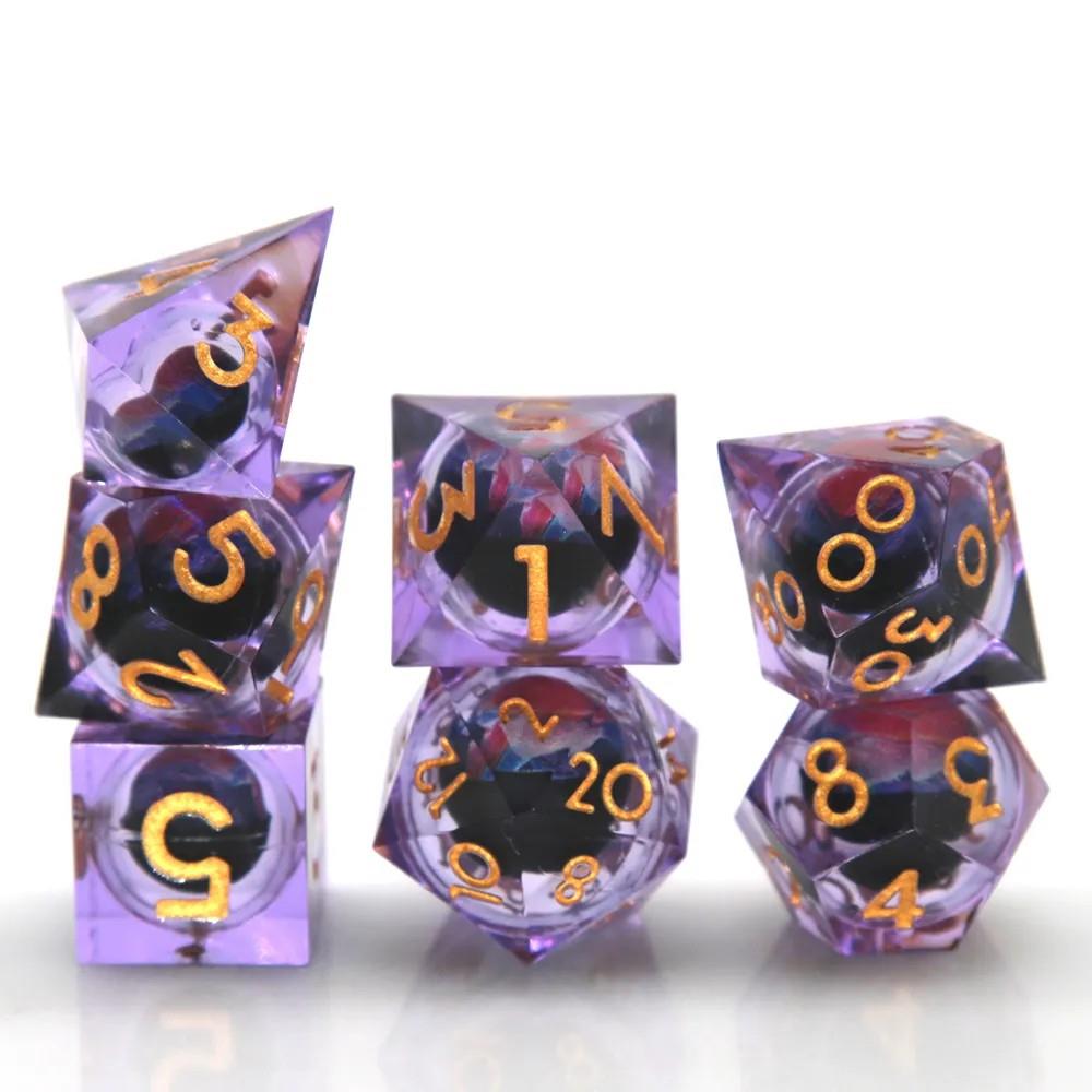 Blue Dragon Eye Ball in Clear & Purple Filled Sharp Resin - 7pcs RPG Dice Set