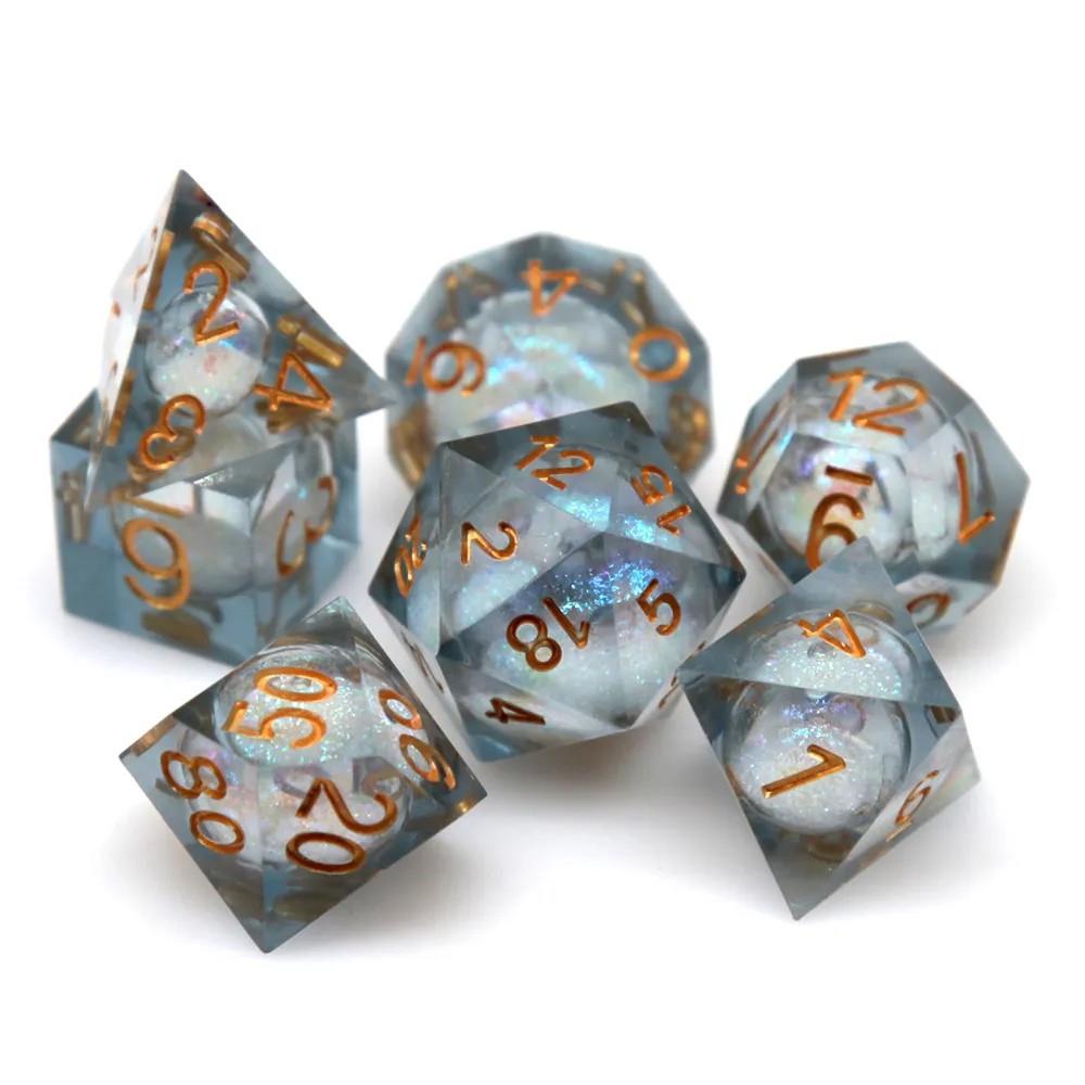 White Sand in Clear Liquid Filled Sharp Resin - 7pcs RPG Dice Set