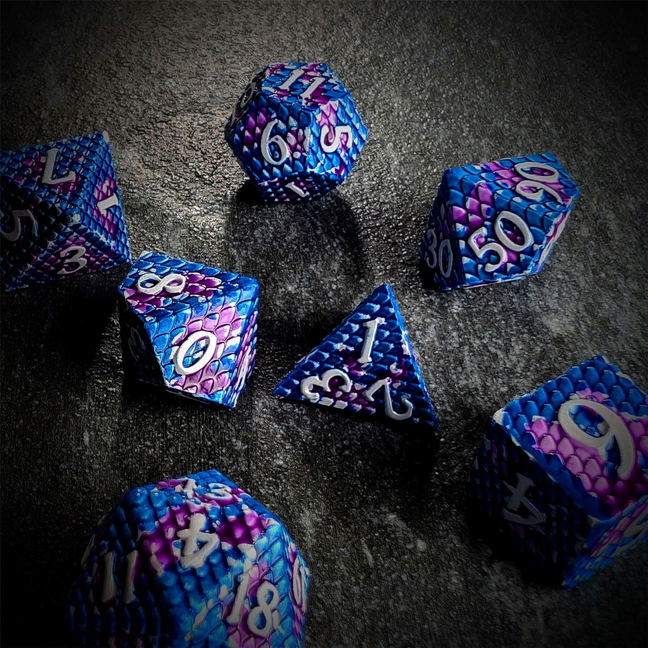 Purple & Blue Dragon Scale Metal - 7pcs RPG Dice Set