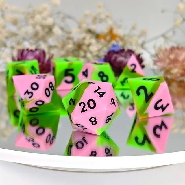 Green & Pink Layered Silicone - 7pcs RPG Full Dice Set