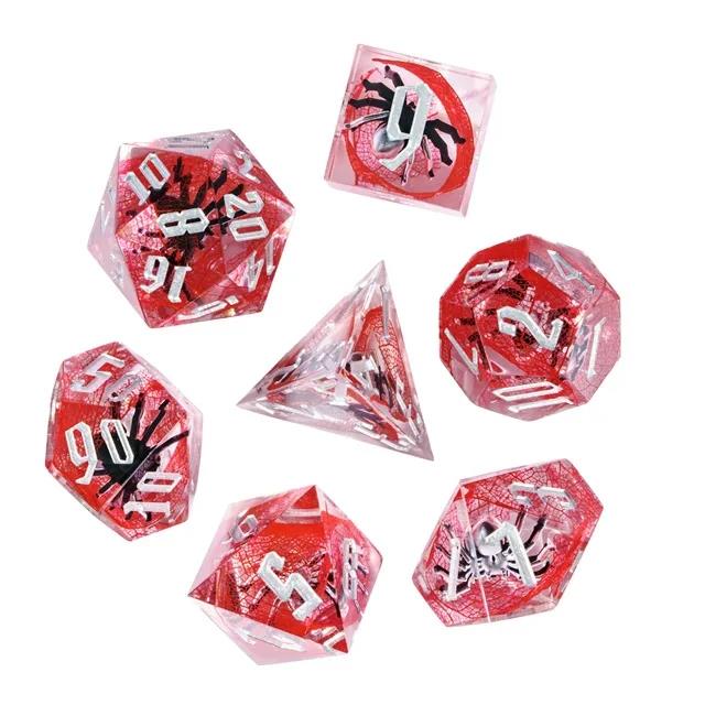 Spider in Clear & Red Filled Sharp Resin - 7pcs RPG Dice Set