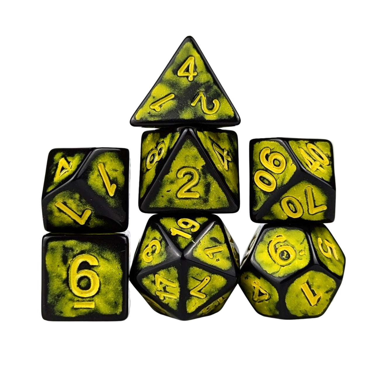 Washed Yellow on Black Acrylic - 7pcs RPG Full Dice Set White Stack