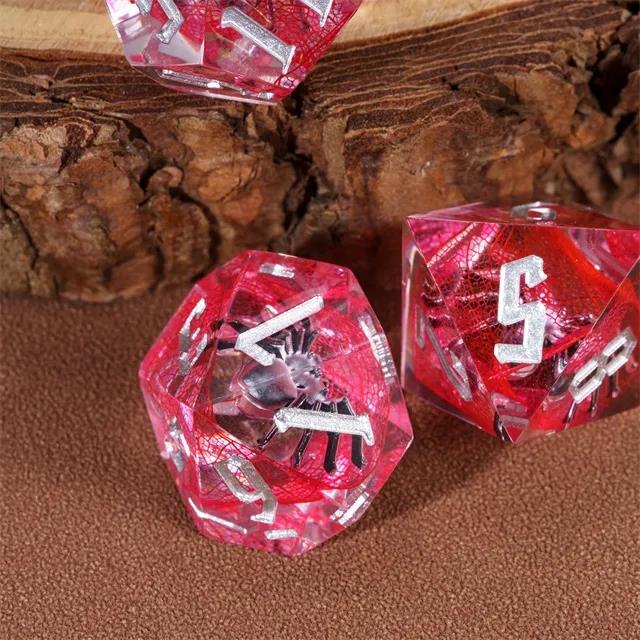 Spider in Clear & Red Filled Sharp Resin - 7pcs RPG Dice Set