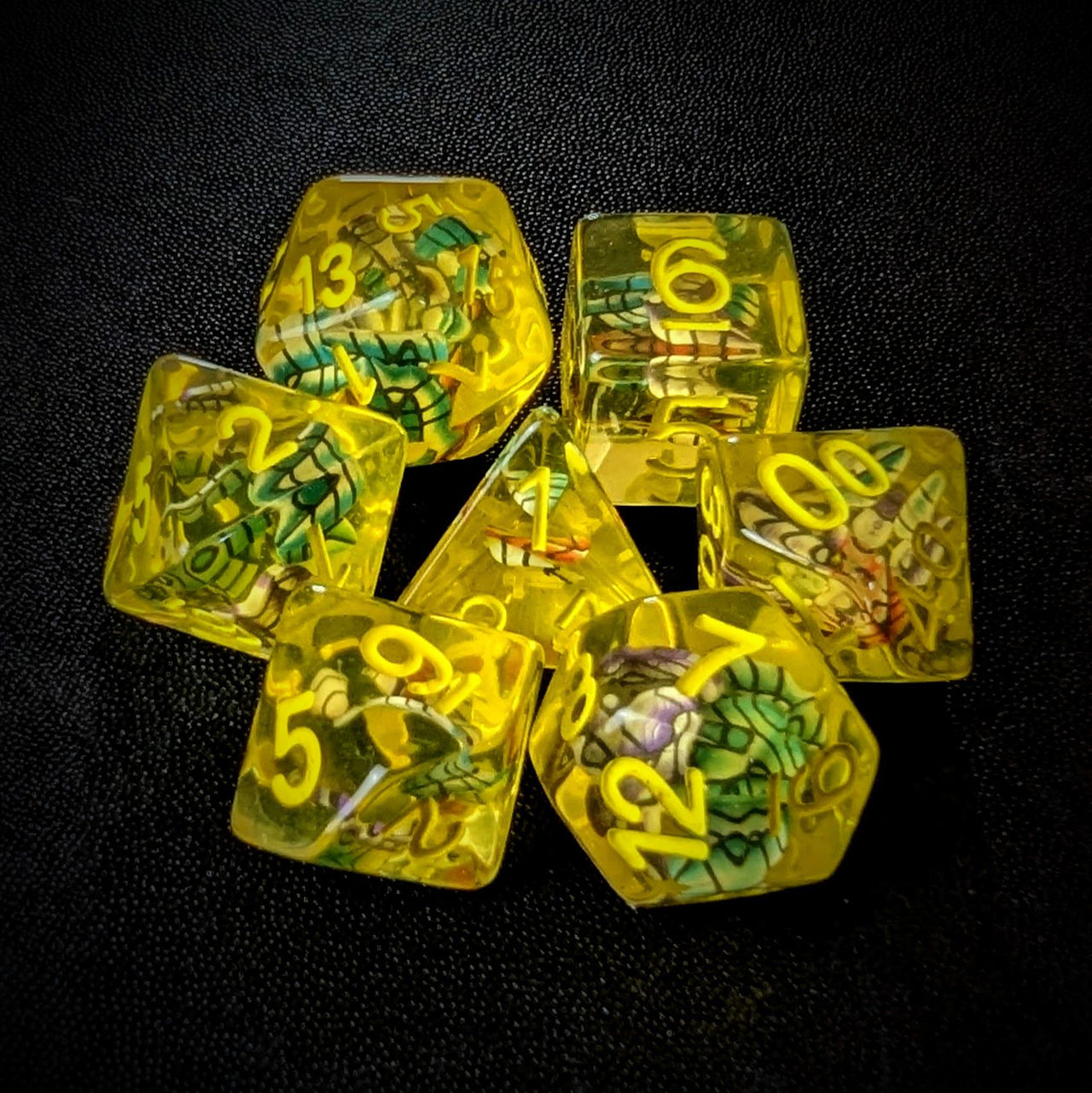 Leaves in Clear & Yellow Resin - 7pcs RPG Full Dice Set