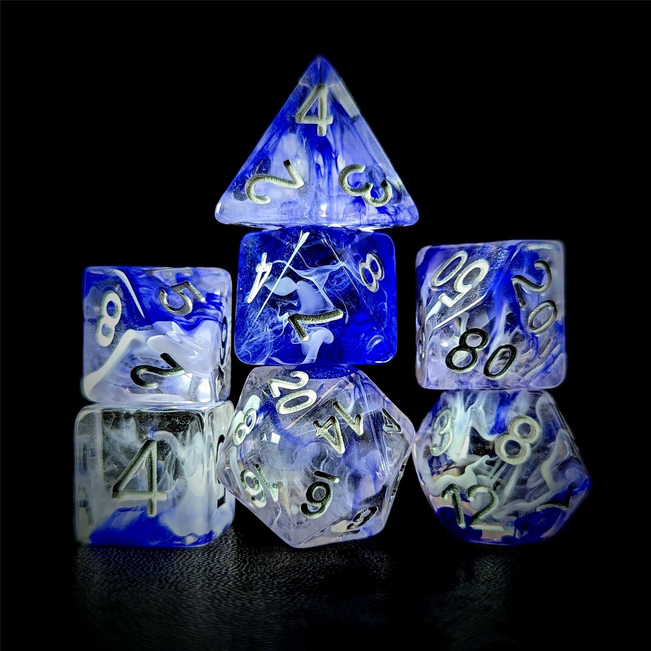 Blue & White Swirl in Clear Resin - 7pcs RPG Full Dice Set