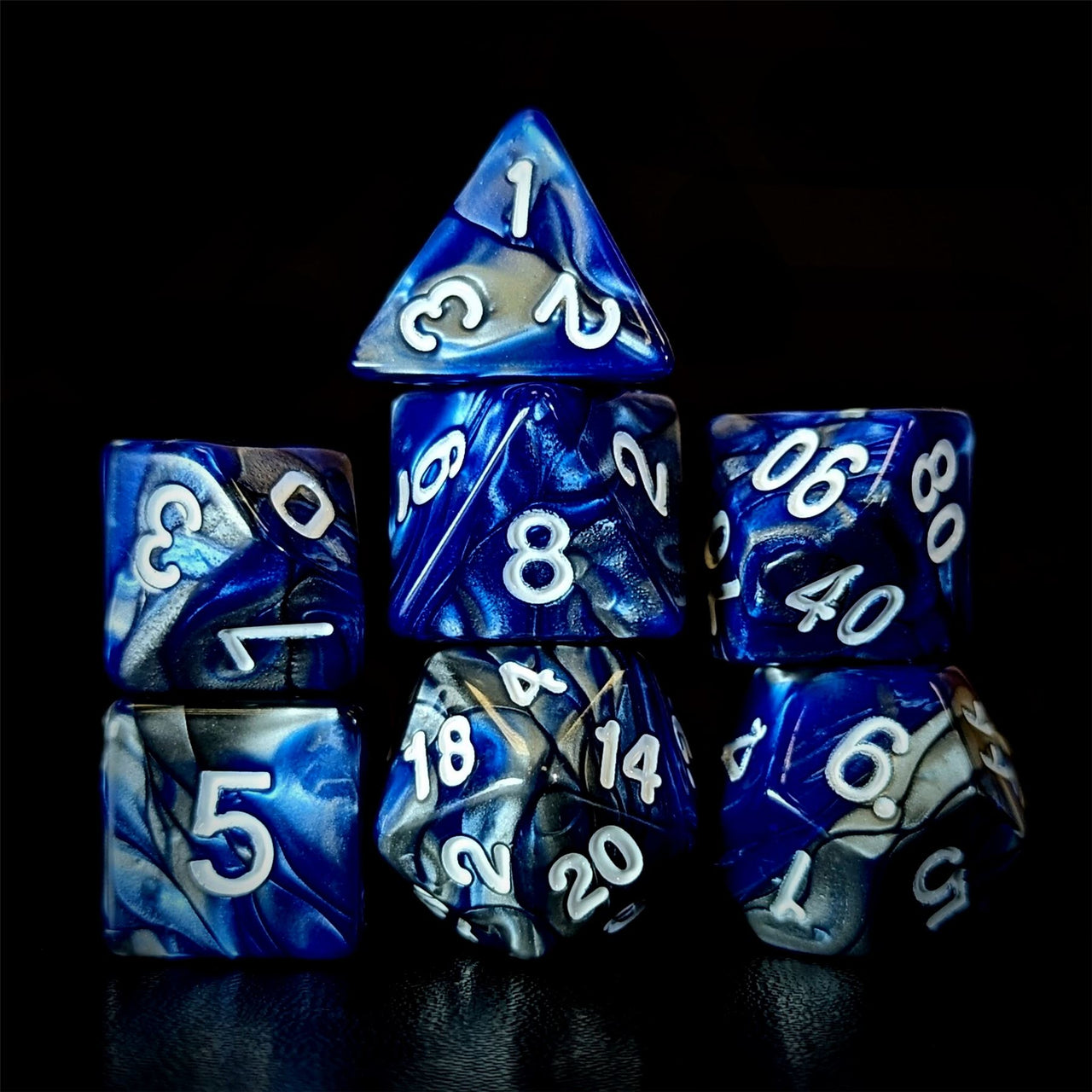 Blend of Silver & Royal Blue Acrylic - 7pcs RPG Full Dice Set Dark Stack