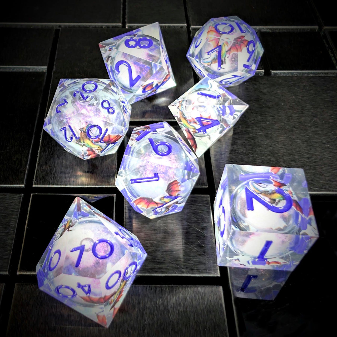 7pcs Dice Sharp Filled Liquid Purple Font Dragon Clear