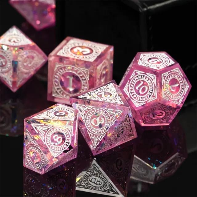 White Pattern on Pink with Candy Sharp Resin - 7pcs RPG Dice Set