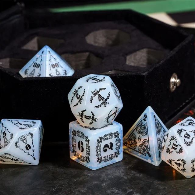 Skulls on White Opalite Gemstone - 7pcs RPG Dice Set