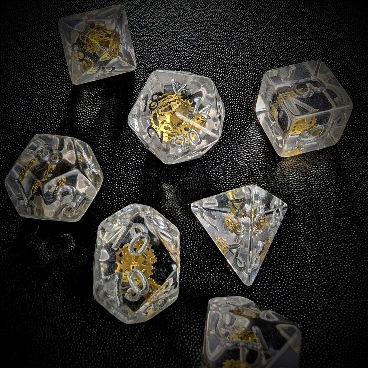 Gold Cogs in Clear Resin - 7pcs RPG Full Dice Set