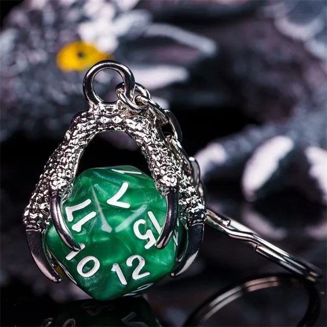 Silver & Green Acrylic in Metal Claw - D20 Keyring