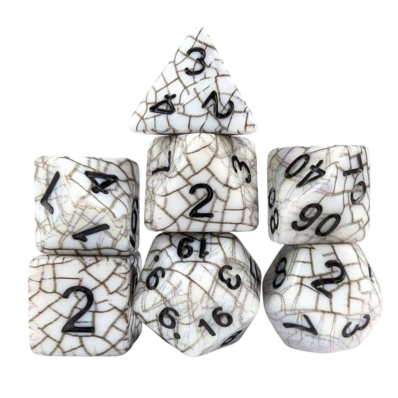 Cracked Black on White Acrylic - 7pcs RPG Full Dice Set White Stack